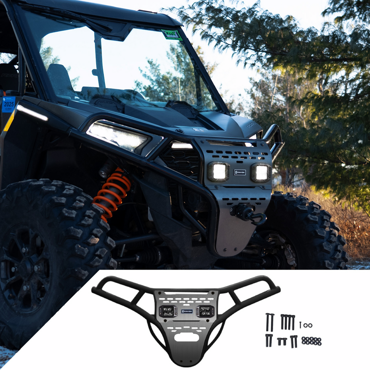 RAVEK Front Bumper/Skid Plate with White Lights - Black - RZR XP 1000 64-317BKL