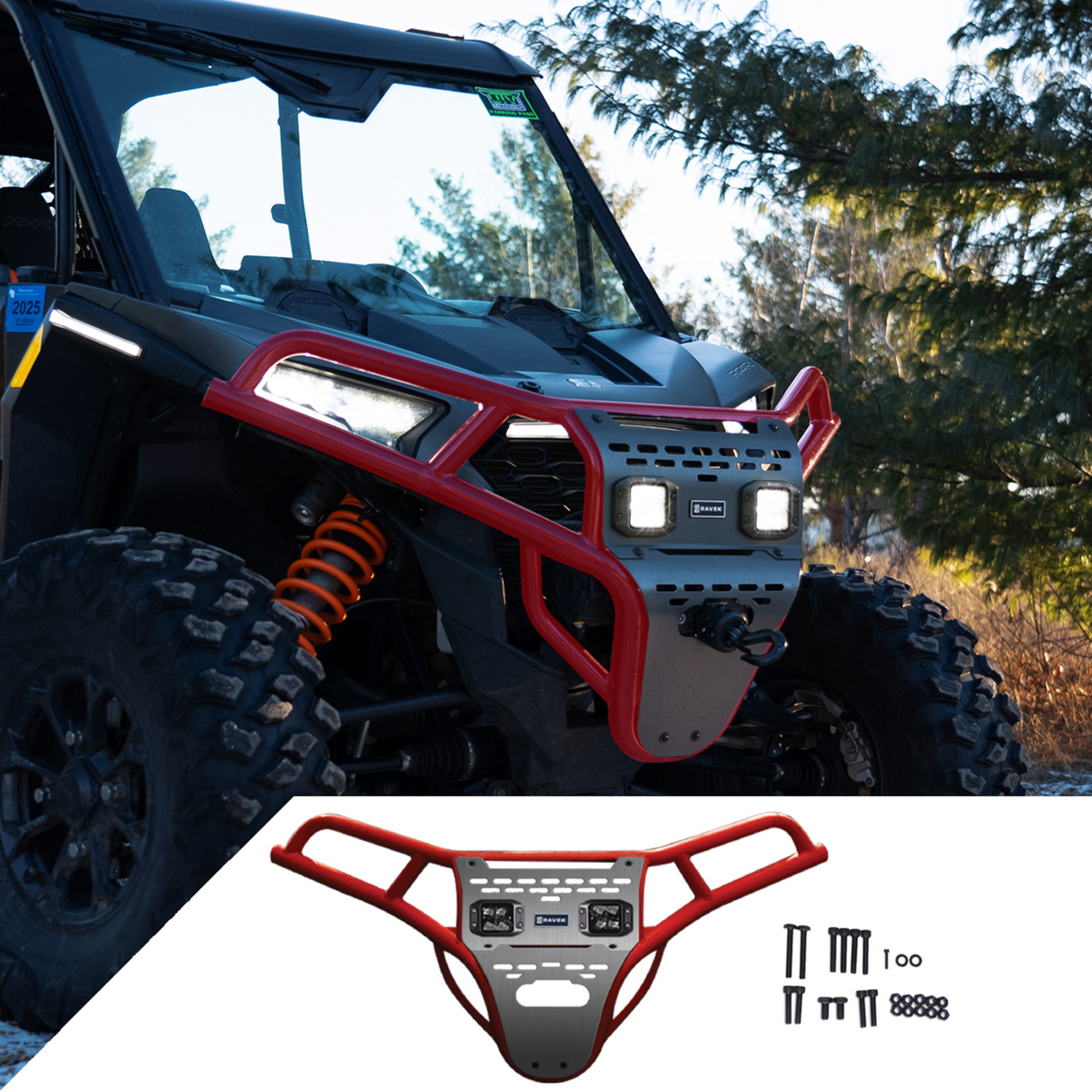 RAVEK Front Bumper/Skid Plate with White Lights - Red - RZR XP 1000 64-317RDL