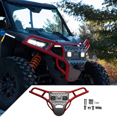 RAVEK Front Bumper/Skid Plate with White Lights - Red - RZR XP 1000 64-317RDL