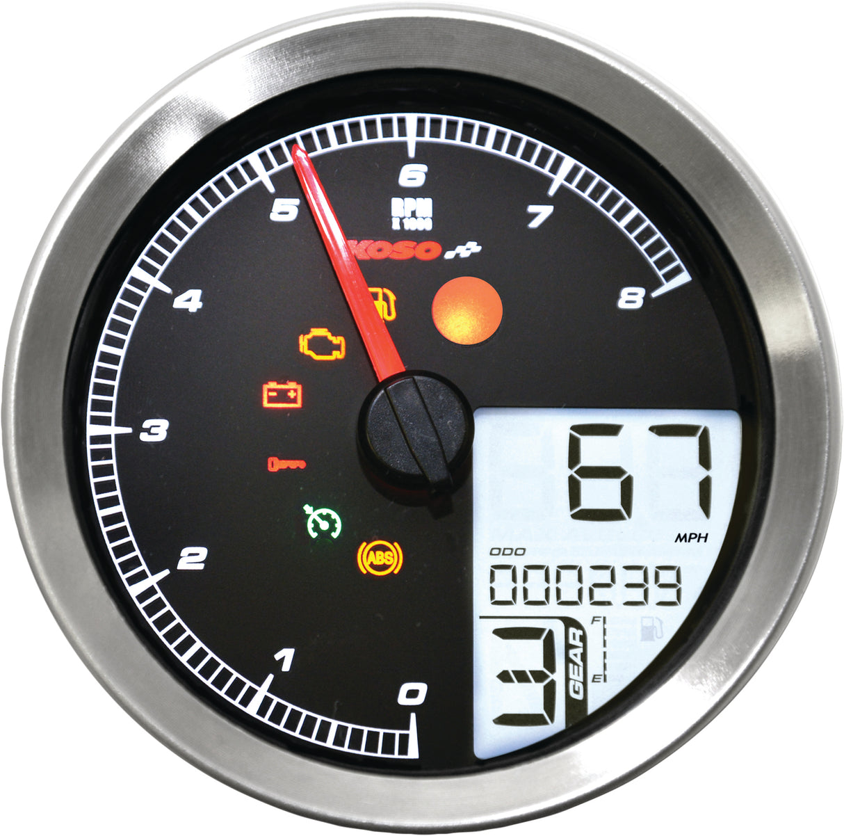 KOSO BA051201 Speedo / Tach Silver Bezel LCD Color Change Display for Harley Davidson XL883N, XL883L, Softail, Dyna, and Sportster Models