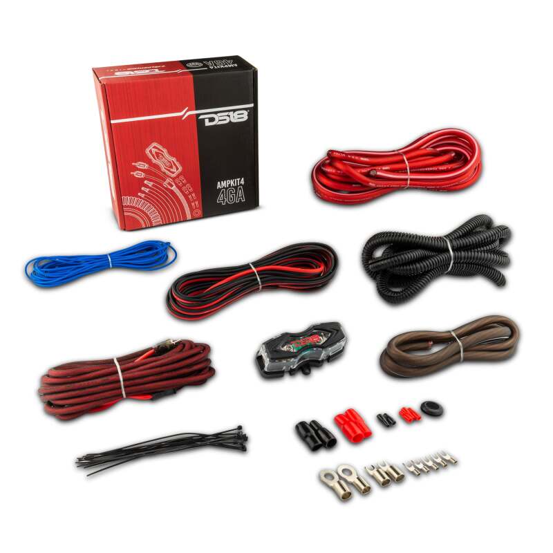 DS18 AMP KIT4 4-Gauge Amplifier Installation Kit with Red Wiring for Car Audio Systems