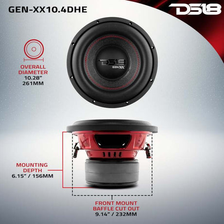 DS18 GEN-XX10.4DHE 10-Inch 500W RMS Dual 4-Ohm DVC High Excursion Subwoofer for Car Audio