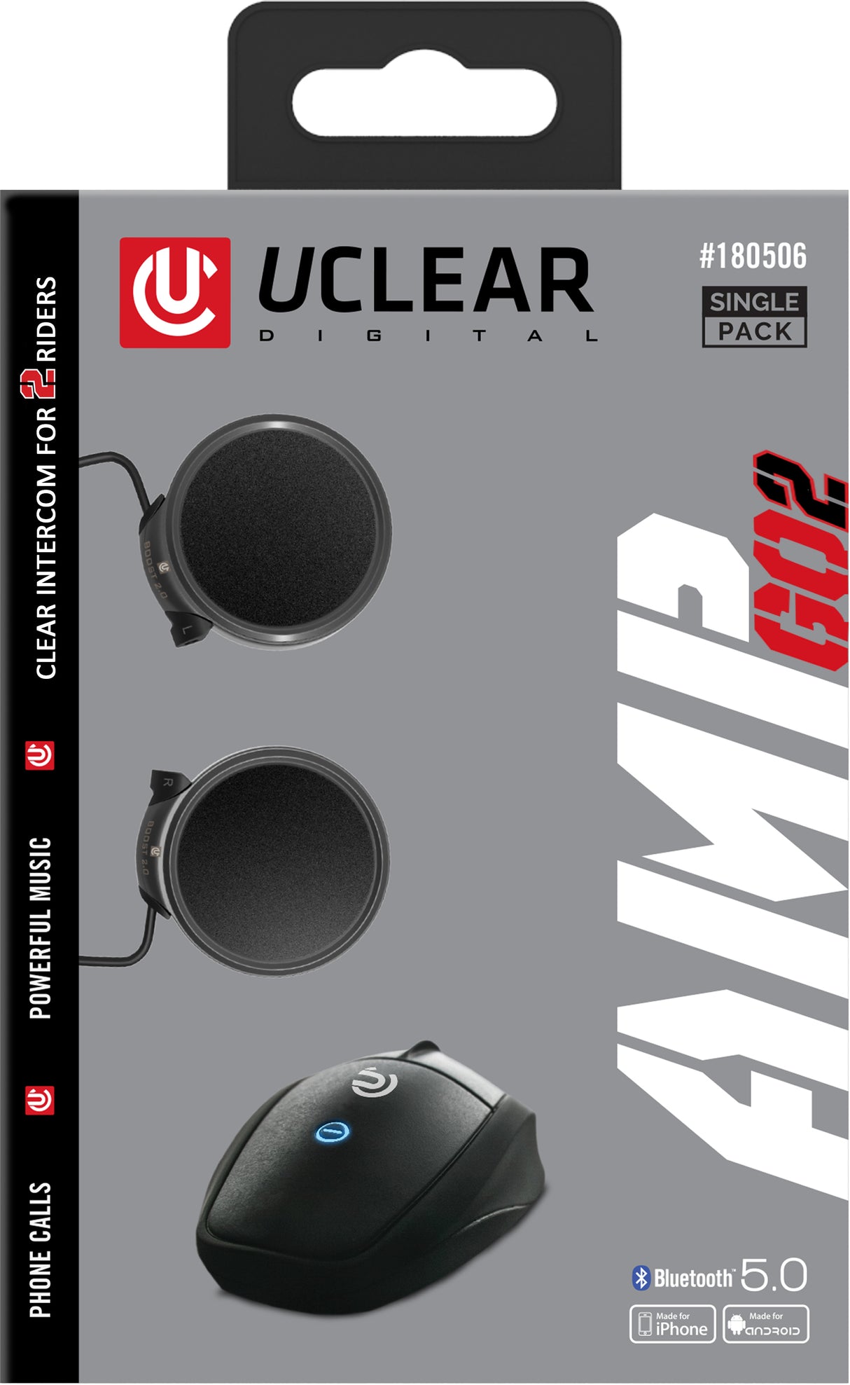 UCLEAR AMP GO2 Bluetooth Helmet Audio System with 2-Rider Intercom for Full Face and Modular Helmets