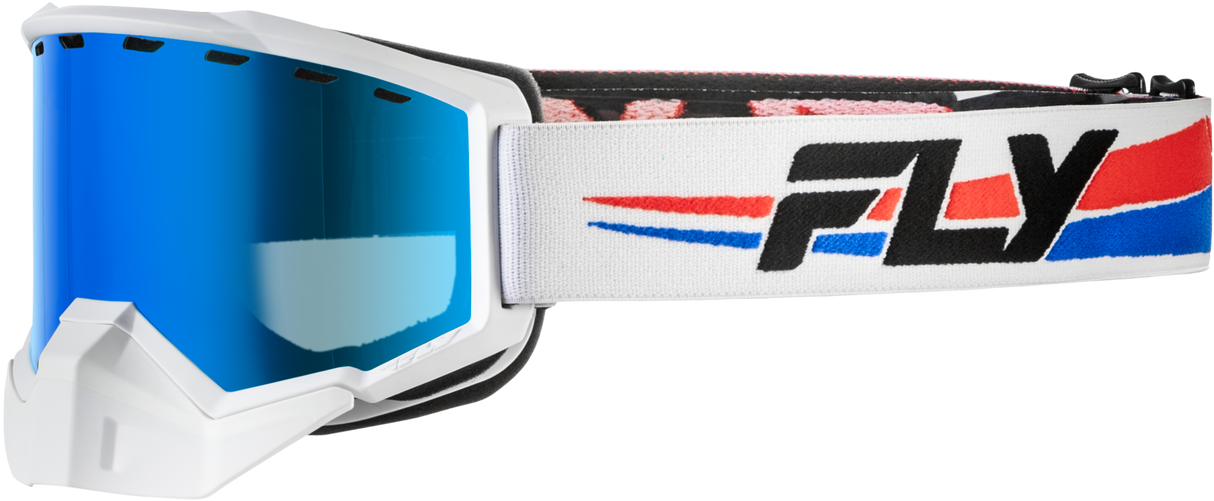 Fly Racing Focus Snow Goggle White/Red/Blue with Dark Blue Mirror and Smoke Lens - Universal Fit for Snowmobile, Ski, and Snowboard Helmets