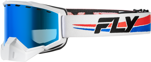 Fly Racing Focus Snow Goggle White/Red/Blue with Dark Blue Mirror and Smoke Lens - Universal Fit for Snowmobile, Ski, and Snowboard Helmets