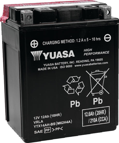 Yuasa YTX14AH-BS High Performance AGM 12-Volt Battery w/Bottle