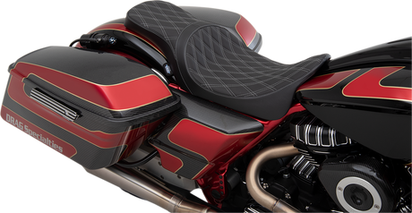 Drag Specialties Seats Forward Positioned Predator 2-Up Seat for Harley-Davidson FL 2008-2023 - Double Diamond Silver Stitching