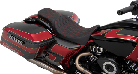 Drag Specialties Seats Forward Positioned Predator 2-Up Seat for Harley FL 2008-2023, Double Diamond Red Stitched - Part #0801-1267