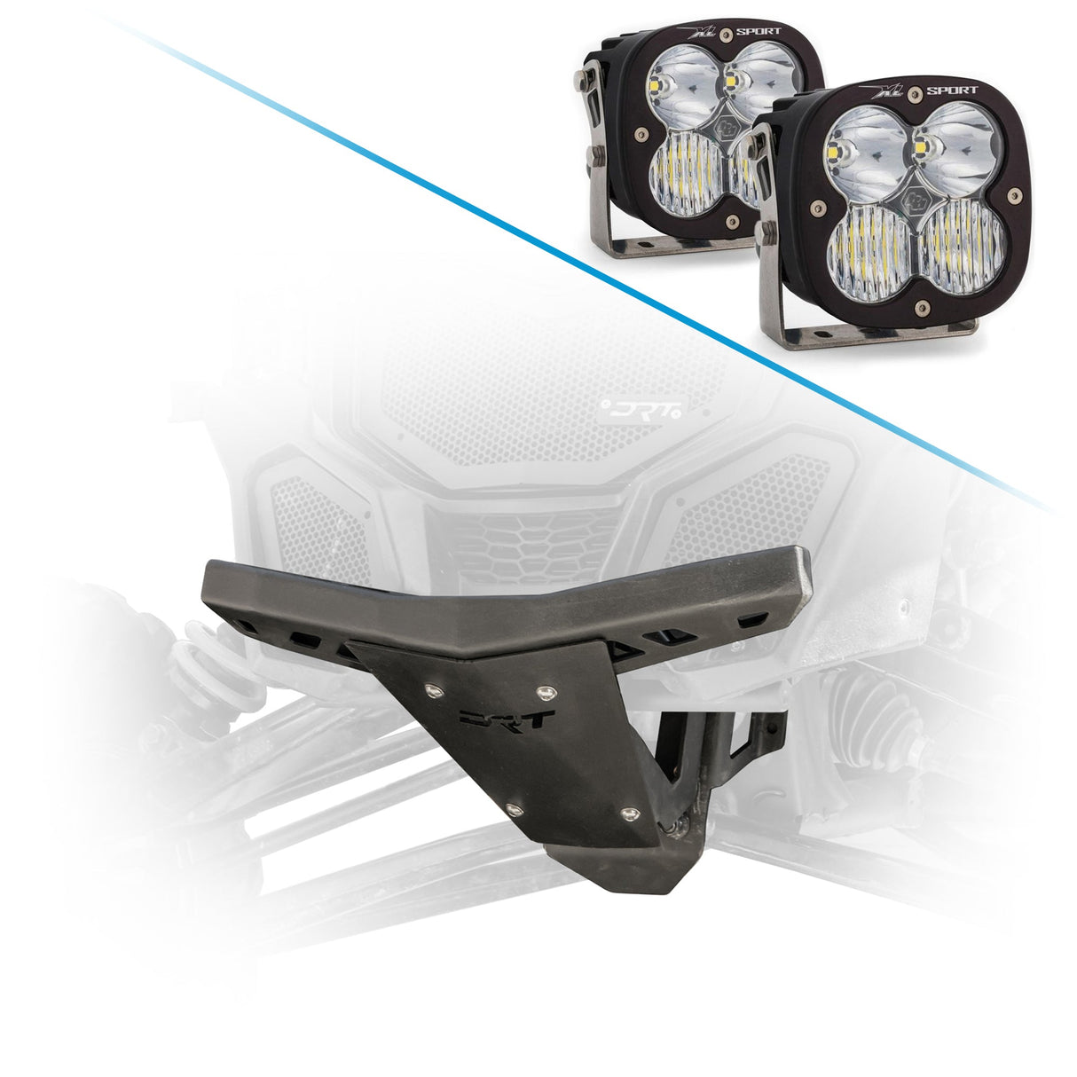 Durable front bumper and bulkhead kit for Maverick X3 2017+ enhances suspension support and stability and Baja Designs XL80 LED Auxiliary Light Pods