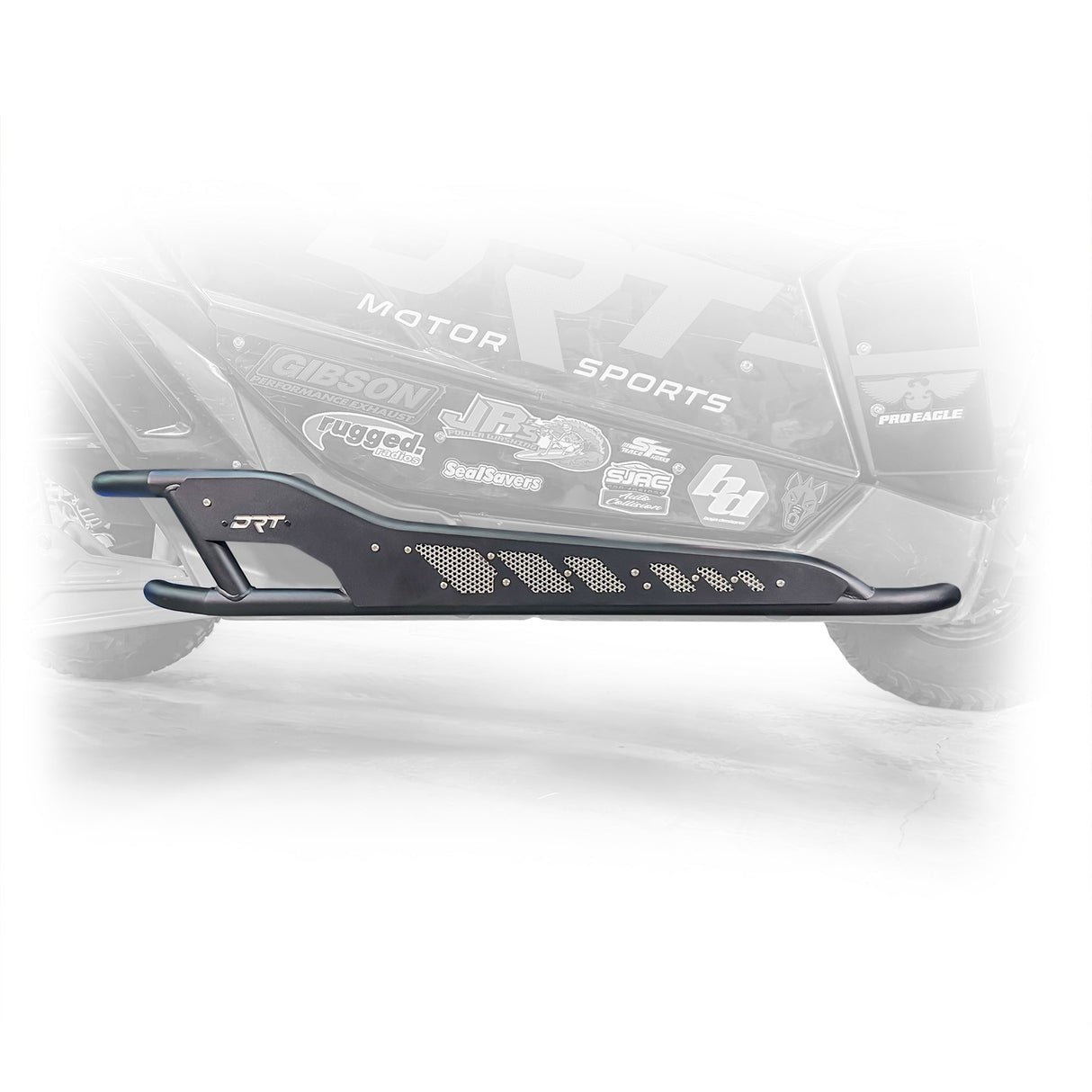 Side view of black DRT rock rail installed on Can‑Am Maverick X3 2‑door