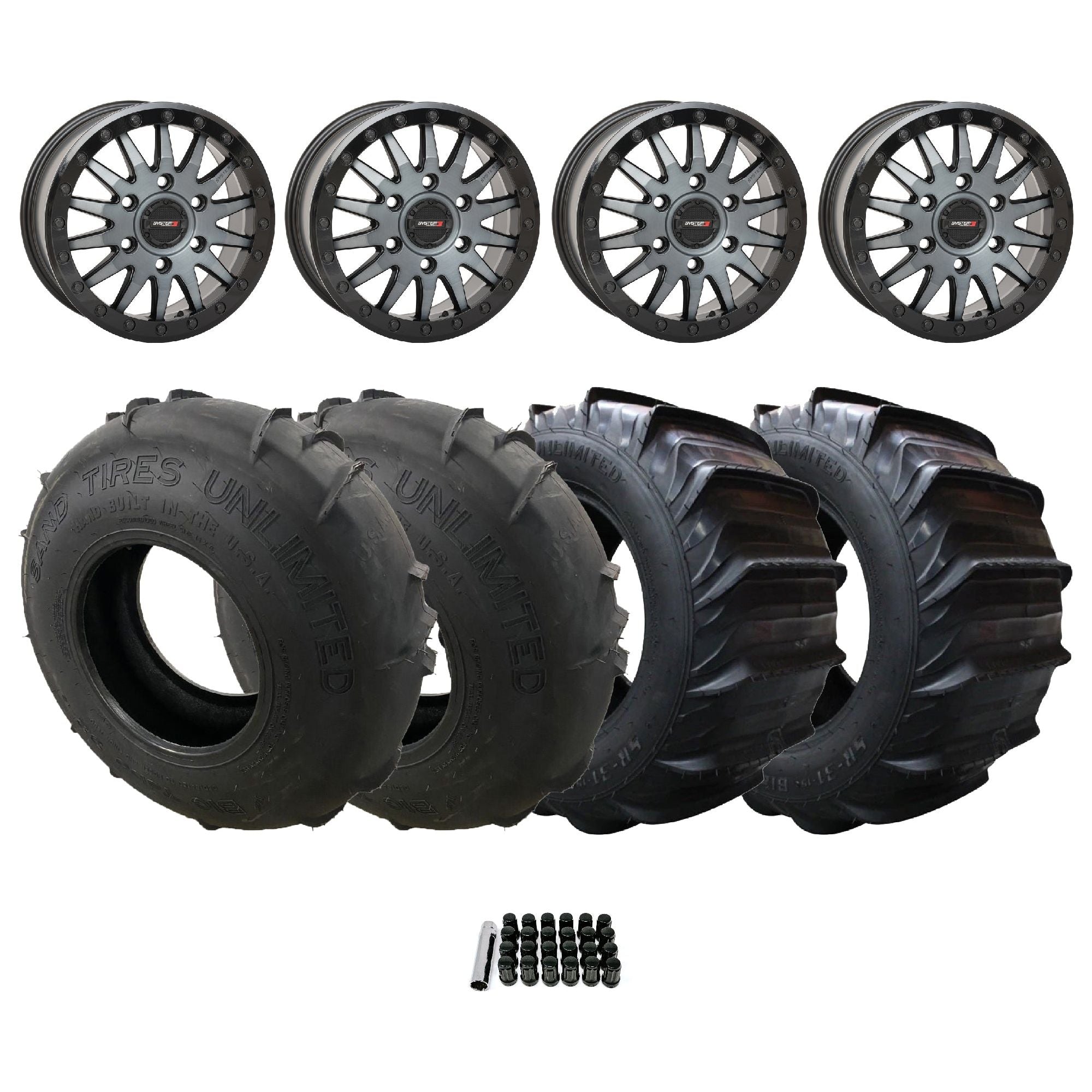 Can Am Maverick R SB-8 Beadlock Wheel (Matte Brushed Grey) / Sand Tires Unlimited Package