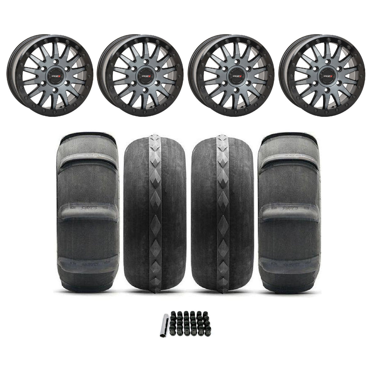 Can Am Maverick R SB-8 Beadlock Wheel (Matte Brushed Grey) / 32" Destroyer Slayer Sand Tire Package