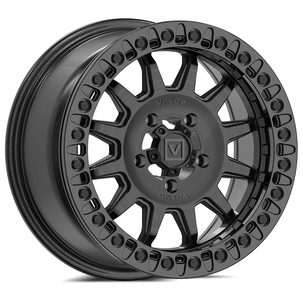 Alpha V09 (Brushed Charcoal) Wheel & Tire Package | Valor Offroad