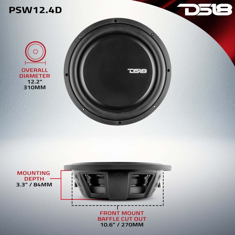 DS18 PSW12.4D 12-Inch 600W RMS Water-Resistant Shallow Mount Subwoofer for Automotive Applications
