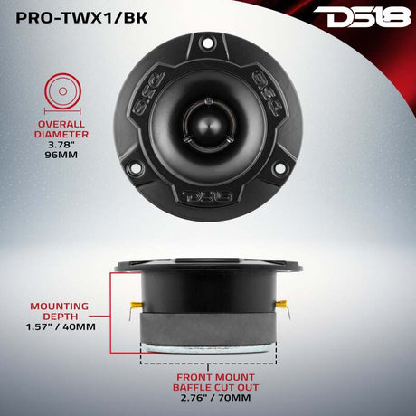DS18 PRO-TWX1/BK 3.8-inch Super Bullet Tweeter – 120 Watts RMS, 1-inch Aluminum Voice Coil, 4 Ohm, Black, Fits Select Vehicles
