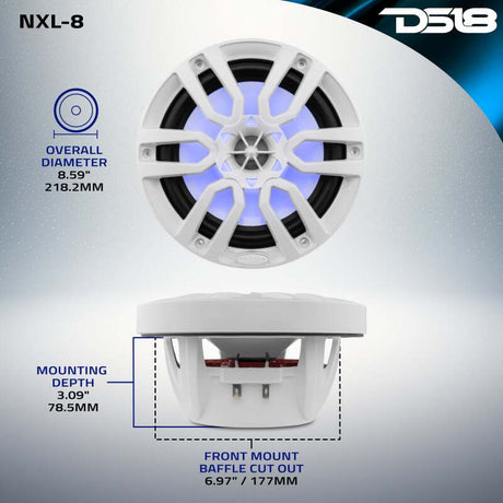 DS18 NXL Series 8-Inch Coaxial Marine Speaker with RGB Lights – Powersports & Marine Vehicle Fitment