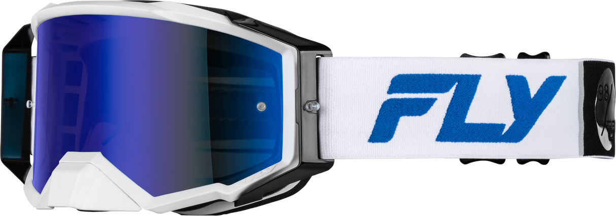 Fly Racing Zone Pro Goggle White/Blue with Dark Blue Mirror Smoke Lens – Motorcycle, ATV, Snowmobile Fitment