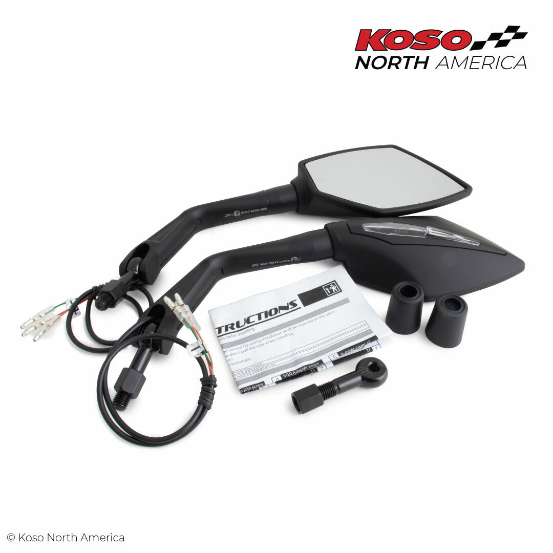 KOSO Apex M10 Mirrors with Indicators for Motorcycle - Matte Black Shell, Clear Lens, M10 Size